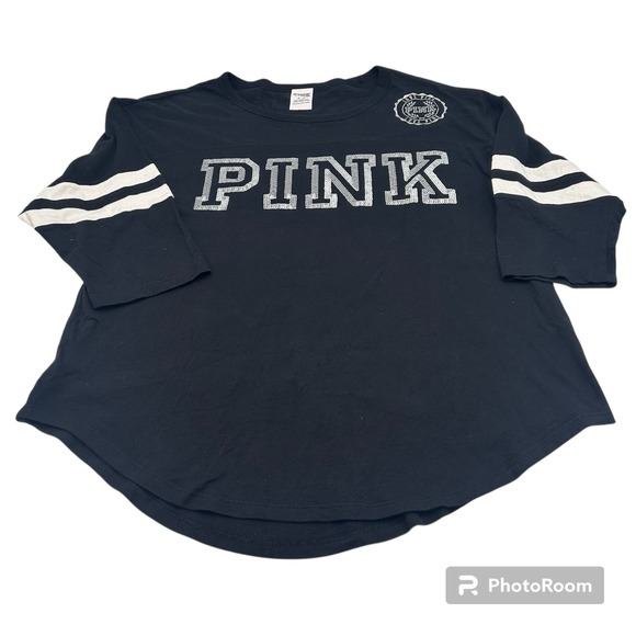 Victoria's Secret PINK Black Crew Neck 3/4 Sleeves Bling Sequin Logo T-Shirt Med - Picture 2 of 14